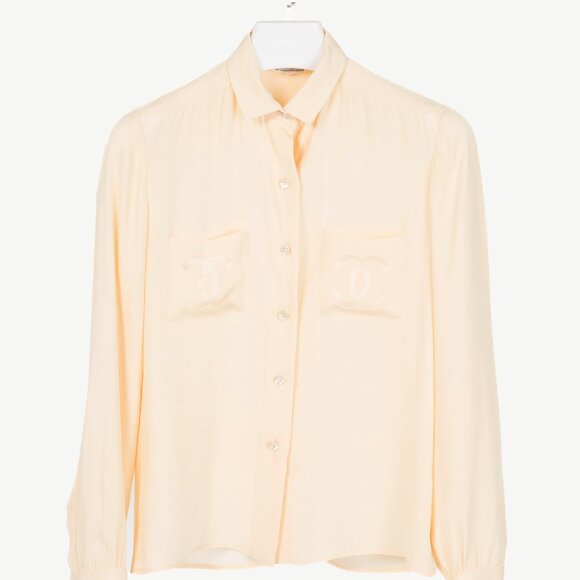 Chanel 70's-Vintage Cream Silk CC-Pocket Buttoned Blouse - Picture 1 of 9